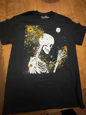 Threadless Black Tee with White skeleton and floral Print